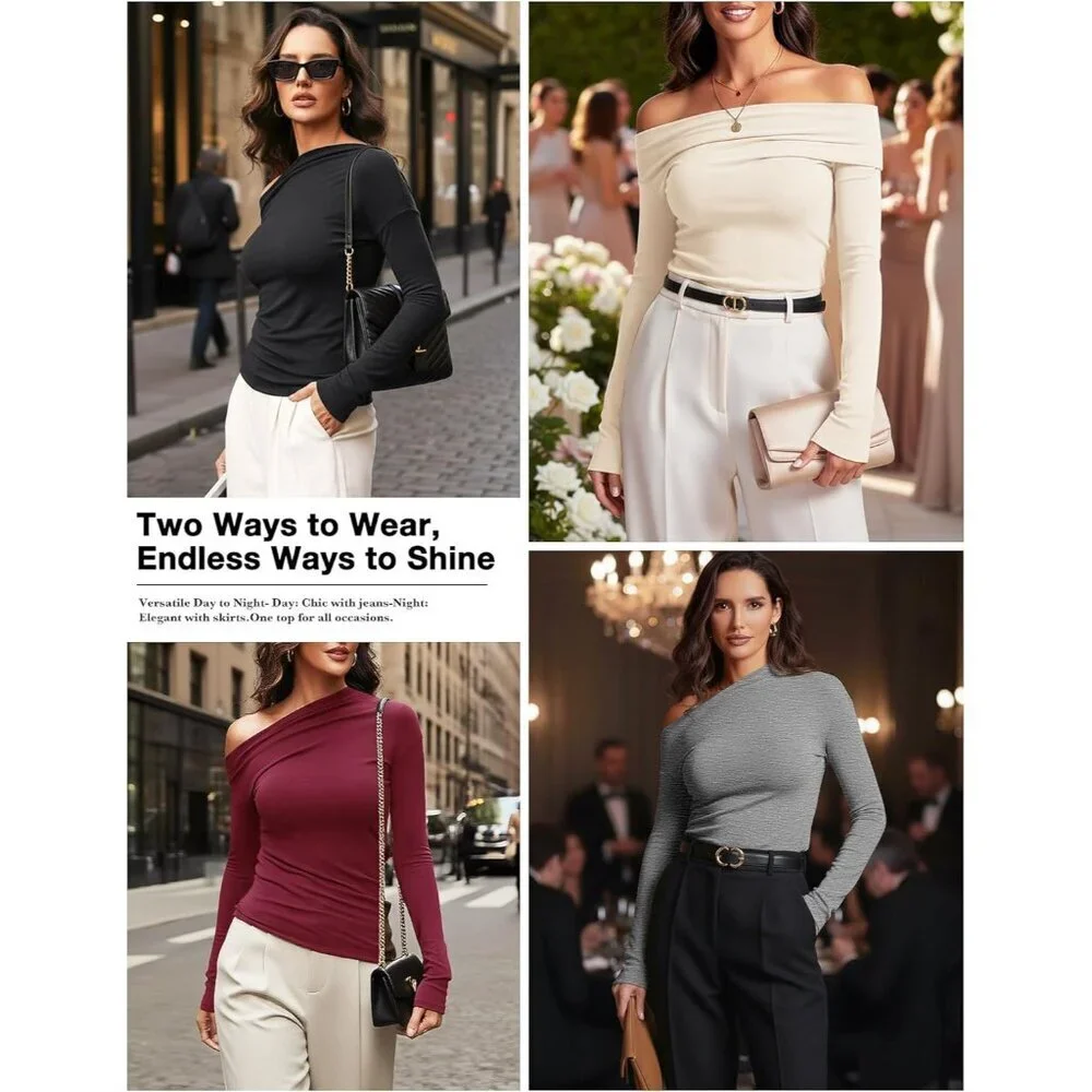 Women's Off Shoulder Top Long Sleeve Asymmetrical Slim Fit Fall Blouse - Picture 5 of 5